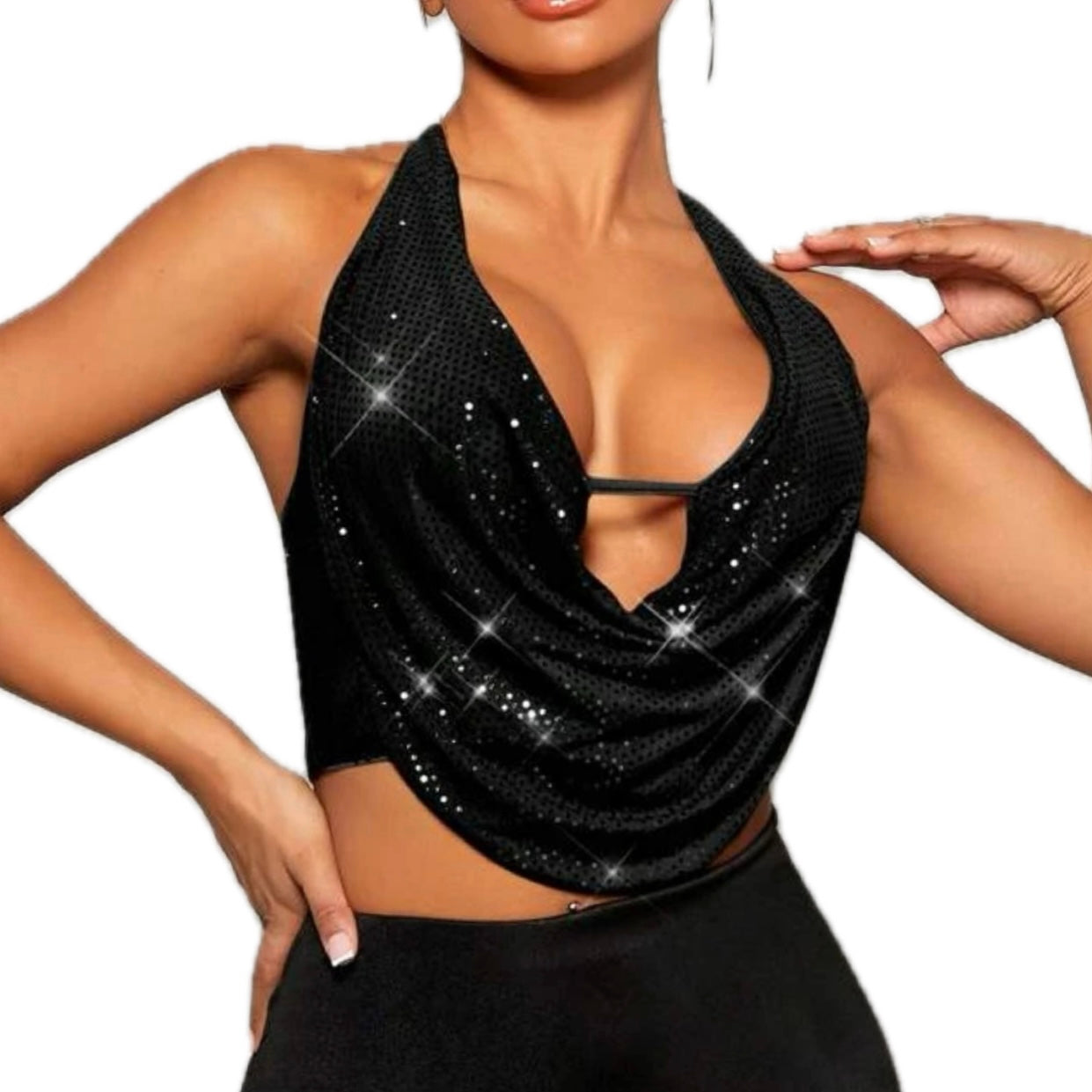 Sexy Draped Black Sparkly Top